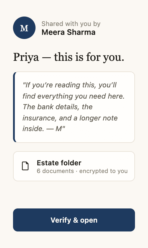 Priya's claim screen — a note from Meera and the estate folder, ready to verify and open.