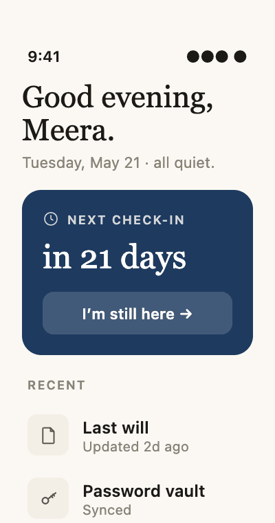 The Inktally mobile home screen, greeting Meera with her next check-in due in 21 days.
