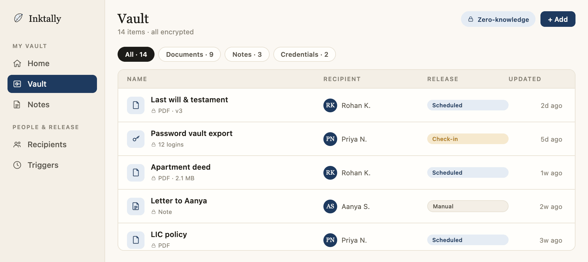 The Inktally vault — a list of encrypted documents, each with its recipient and release condition.
